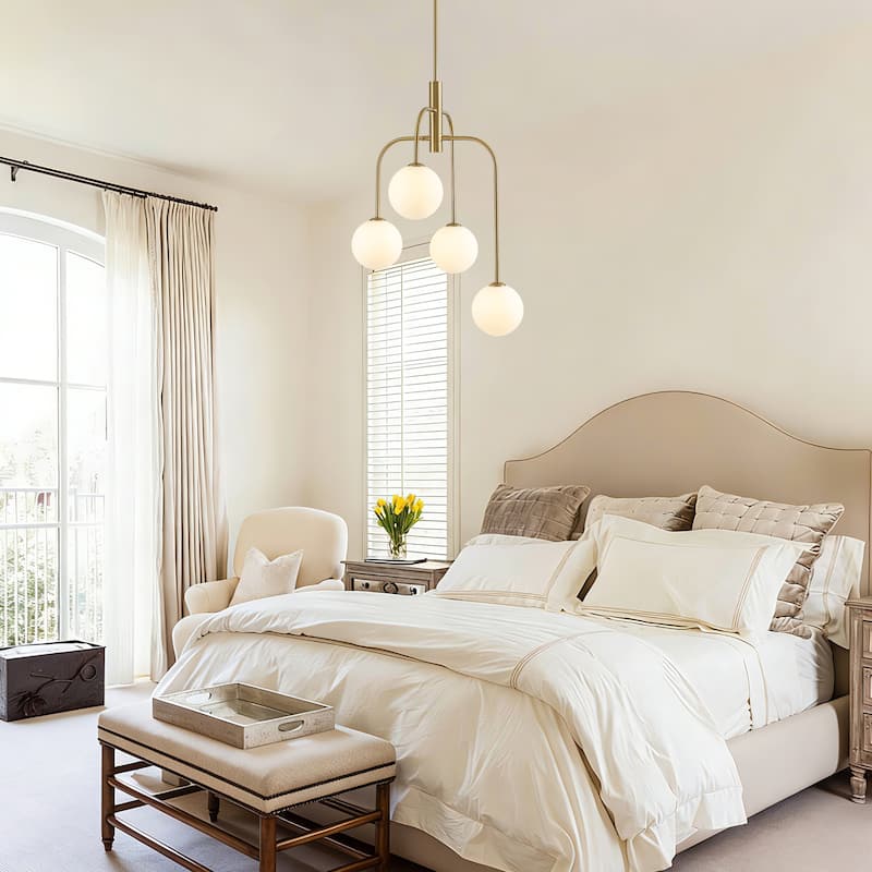 4 - Light Dimmable Sputnik Modern Linear Chandelier with White Glass Shade - Brushed Gold