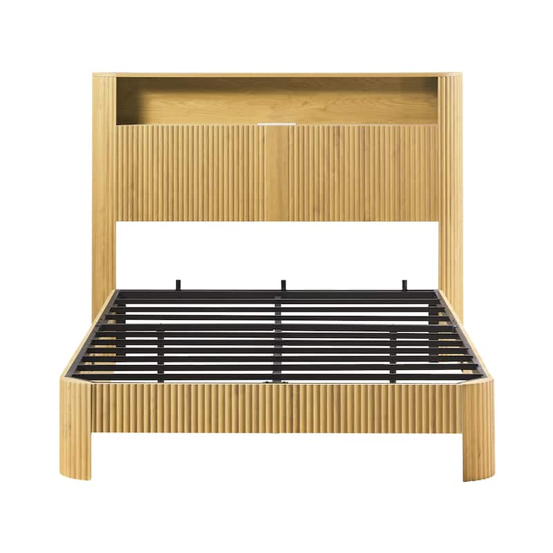 Platform Bed Frame, Wave-Shaped Modern Bed Frame with Storage Headboard, Charging Station, Heavy Duty Metal Slats, Noise-Free