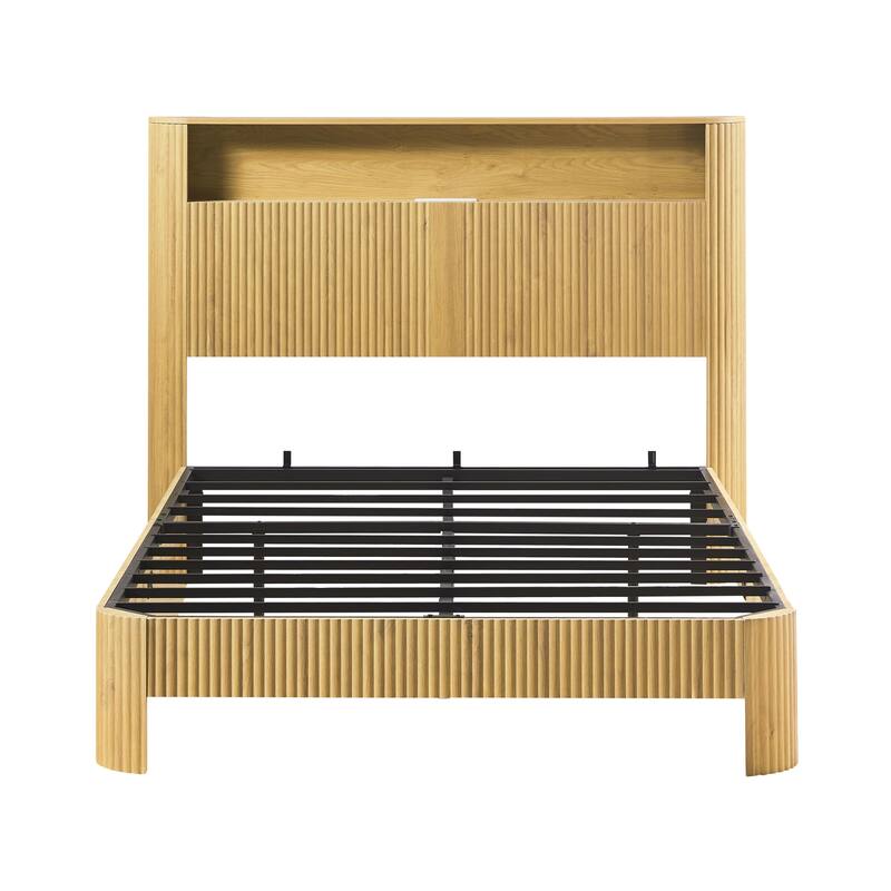 Wooden Bed Frame with Metal Slat, Noise Free, Modern Low Profile Platform Bed with Storage Headboard and Charging Station