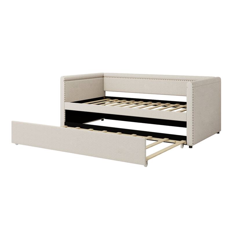 Upholstered Daybed, Twin Size Sofa Bed, Nailhead Trim Curved Arms Guest Bed with Trundle Bed, Platform Bed, Low Profile Bed