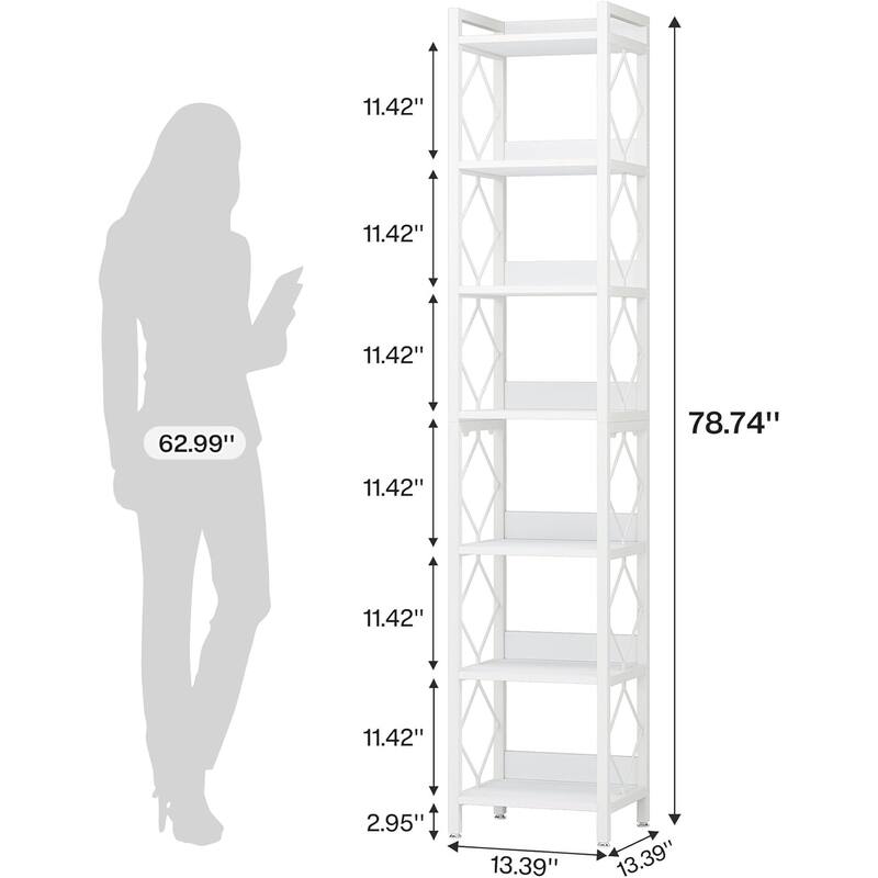 78.7" White Bookshelf, 7 Tier Tall Skinny Bookcase Freestanding Narrow Display Shelves