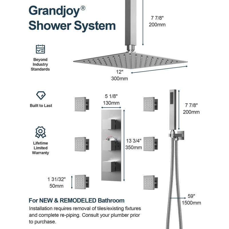 GRANDJOY 12'' Ceiling-Mount Shower System Rainfall Showerhead with Anti-Scald Valve