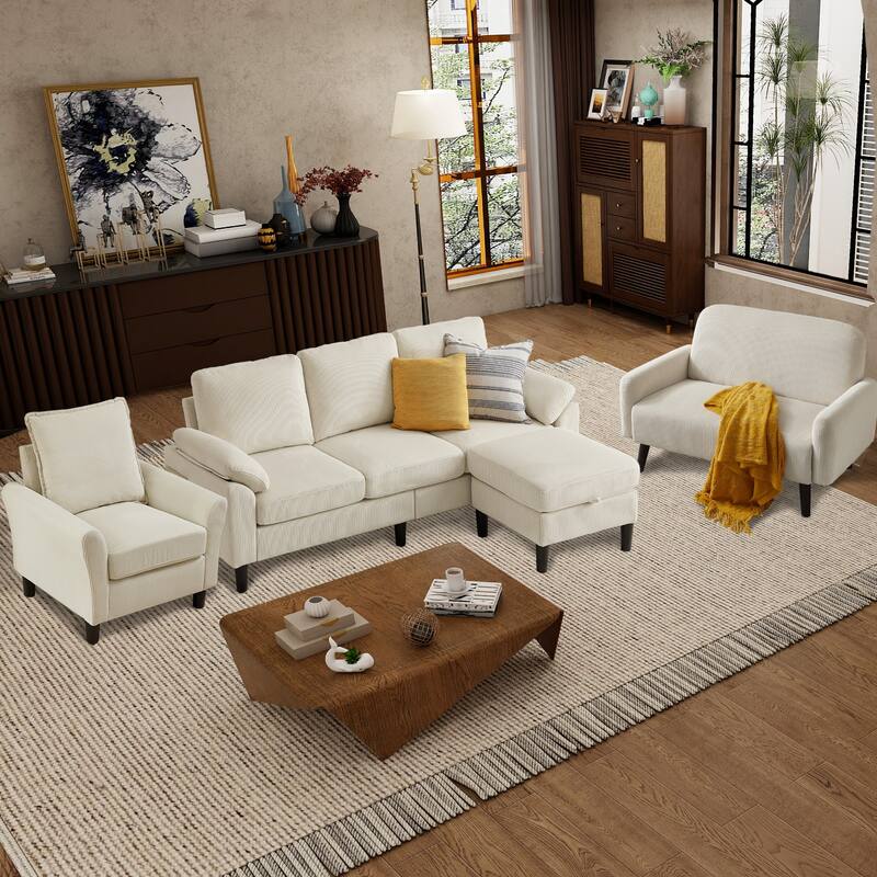 4 Pieces Corduroy Living Room Sets with Sofa, Ottoman and Loveseat