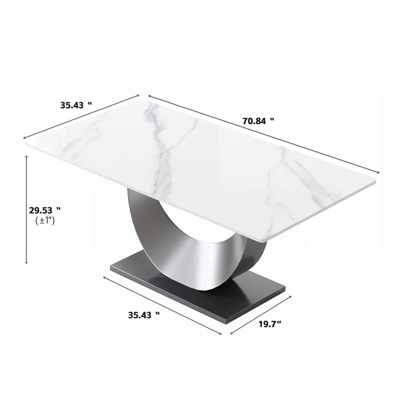 71" Antique White Marble Sintered Stone Table Top,Rectangle Dining Room Table with Stainless Steel Pedestal