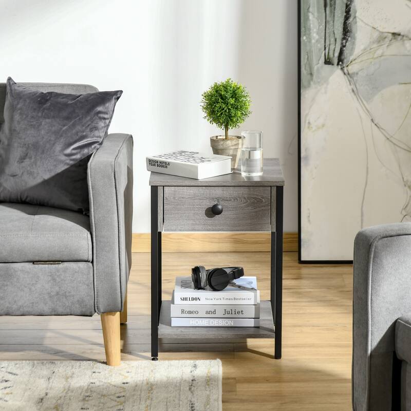 Gray Side Table with Drawer and Open Shelf Particleboard and Steel End Table for Living Room Office - 15.75" x 15.75" x 21.75"