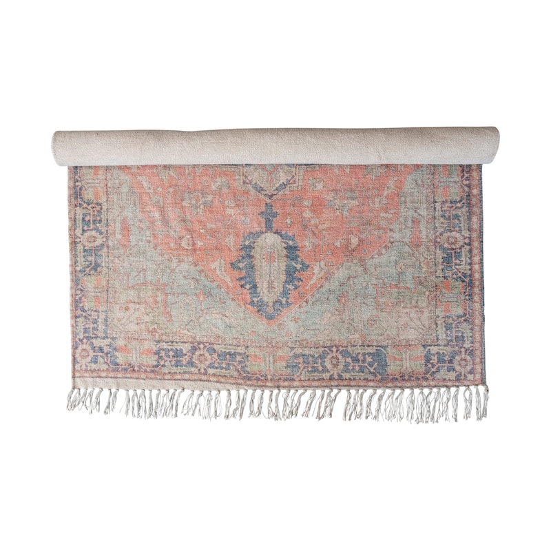 Cotton Chenille Distressed Print Rug with Fringe