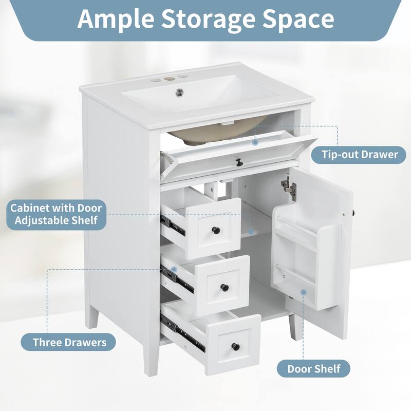 Roomfitters 24" Bathroom Vanity with Sink, Solid Wood Legs, 4 Drawers & Cabinet with Adjustable Shelf