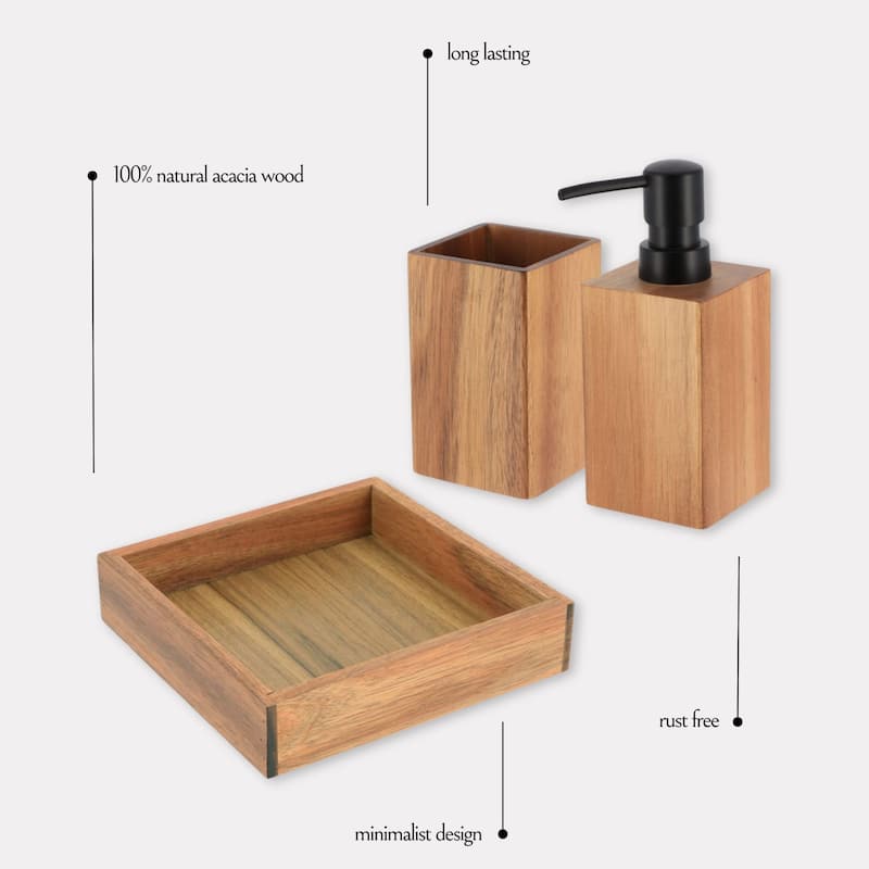 Acacia Bathroom Accessory Set 3-Pieces Square - tumbler, soap dispenser and a square tray