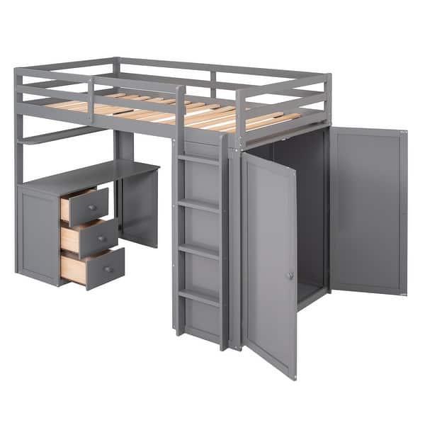 slide 2 of 14, Twin Wooden Loft Bed with Wardrobe, Drawers & Desk, Gray