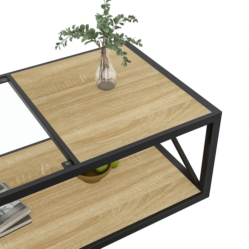 Modern Coffee Table For,Tempered Glass&Natural Wood Mdf Top,Industrial Style Coffee Table