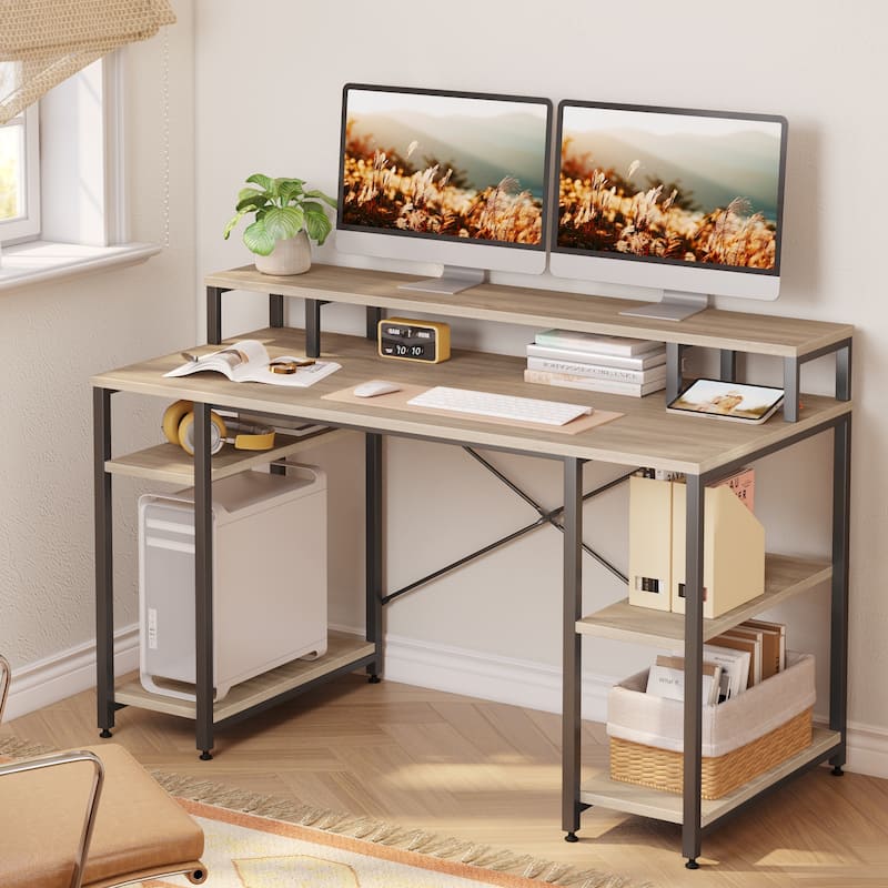 55 Inch Dual Monitor Computer Desk with Adjustable Shelves - Oak