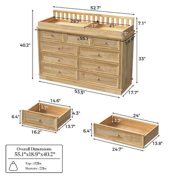 Rustic Solid Pine Wood 9-Drawer Dresser with Changing Top, Nursery Storage Organizer with Anti-Tip Kit, Baby Room Furniture