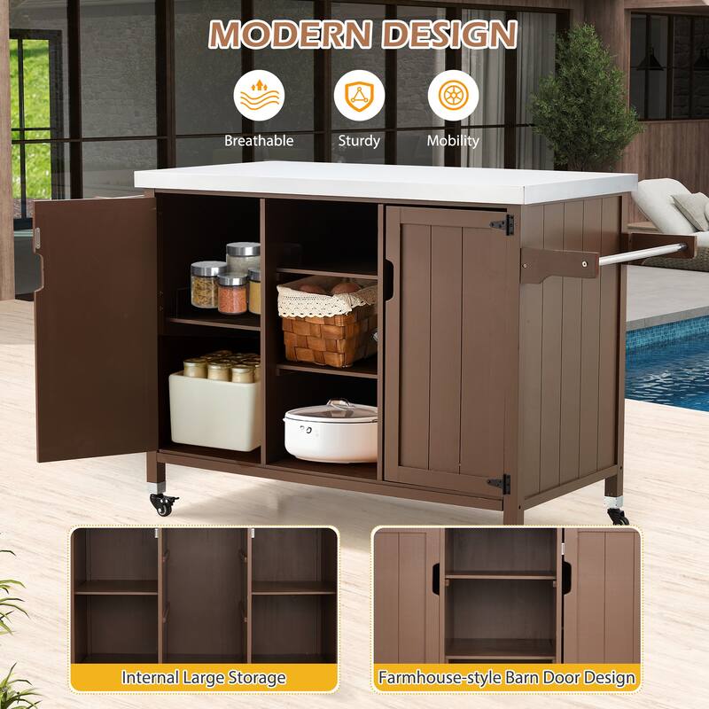 EROMMY Outdoor Kitchen Island on Wheels, Solid Cedar Wood Grill Cart with 201 Stainless Steel Top & 3‑Tier Storage - Wood Color