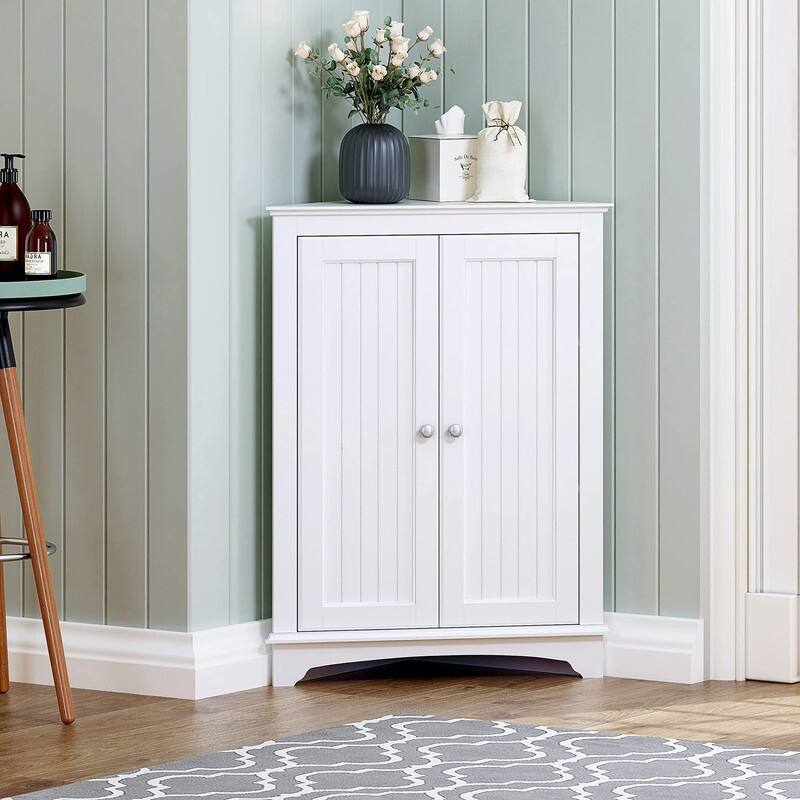 Home Floor Corner Cabinet with Two Doors and Shelves - 12.4"D x 23.62"W x 31.89"H - White