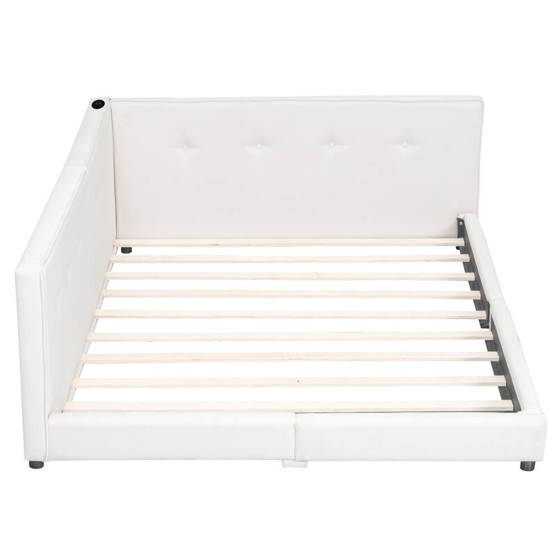 Upholstered Daybed Low Profile Bed Frame with USB Charging Station, Tufting L-shaped Backrest and Wood Slat Support Linen Fabric
