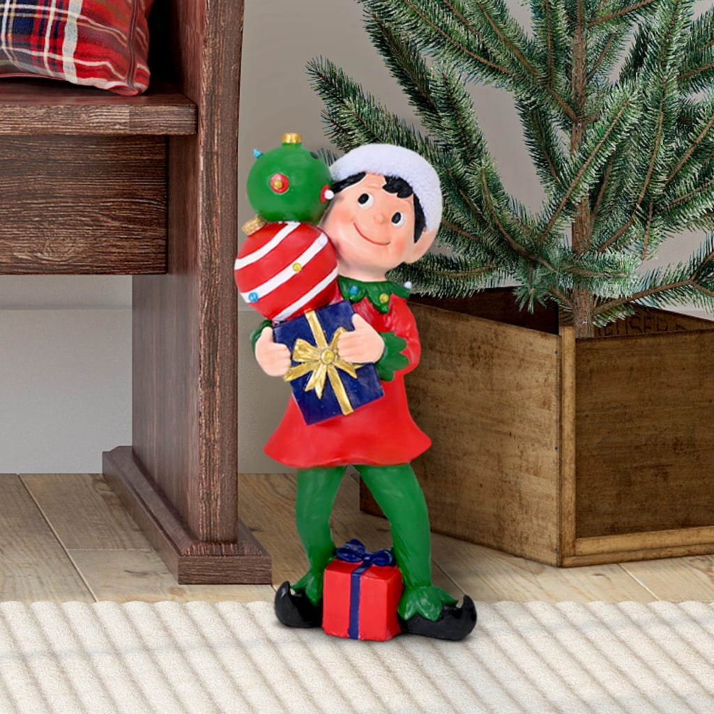 Fraser Hill Farm 30-inch Elf Figurine Holding Presents with Built-in Multicolor LED Lights - Multi