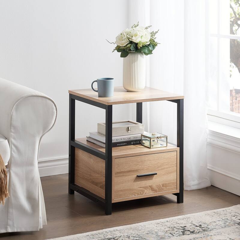 VECELO Nightstand Set of 1/2, Modern Square Side End Table, Living Room, Study Metal Frame