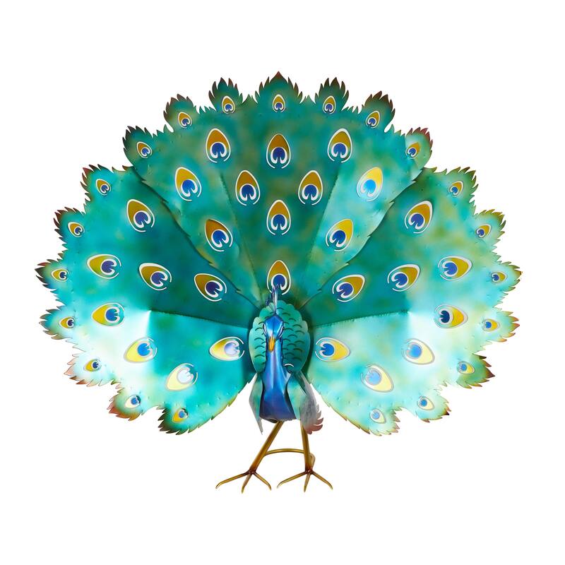 Metal Peacock Garden Sculpture with Gold Legs and Teal Wings - Blue - Roche River Decor