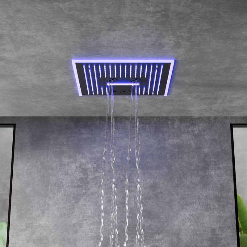 Shower Faucet System 16" Ceiling Mount Shower Head 3 Spray Modes Body Jets Handheld Spray with Slide Bar LED Music