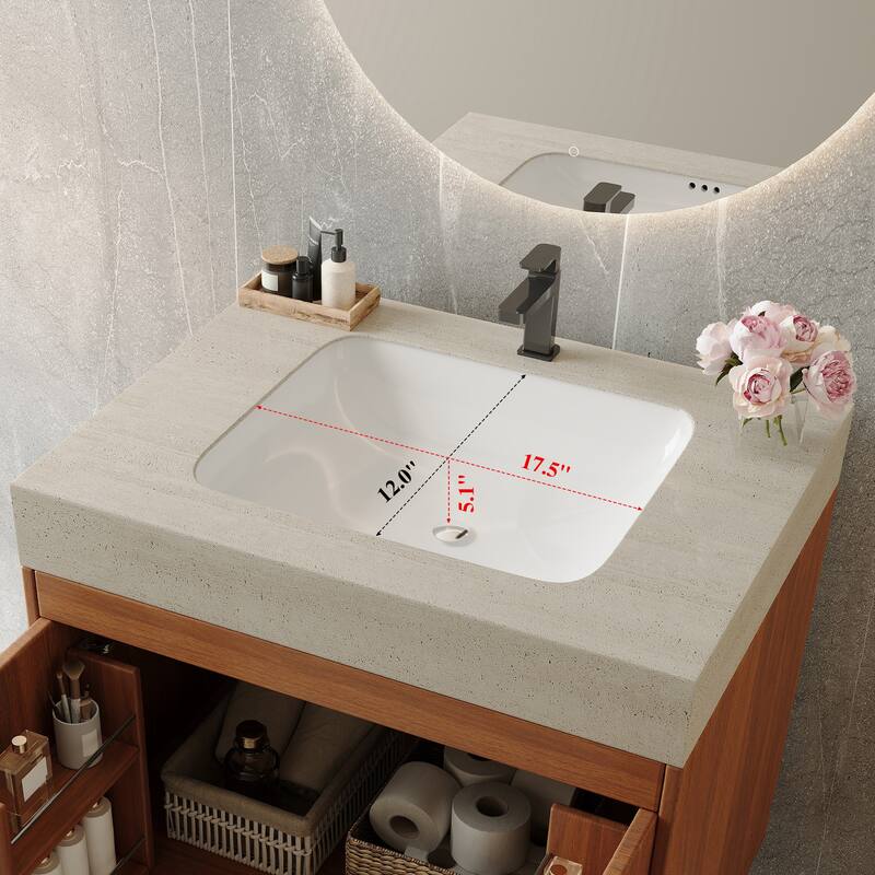 Mid-Century 30" Freestanding Bathroom Vanity with Faux Marble Top, Ceramic Sink & Gold Legs Cabinet