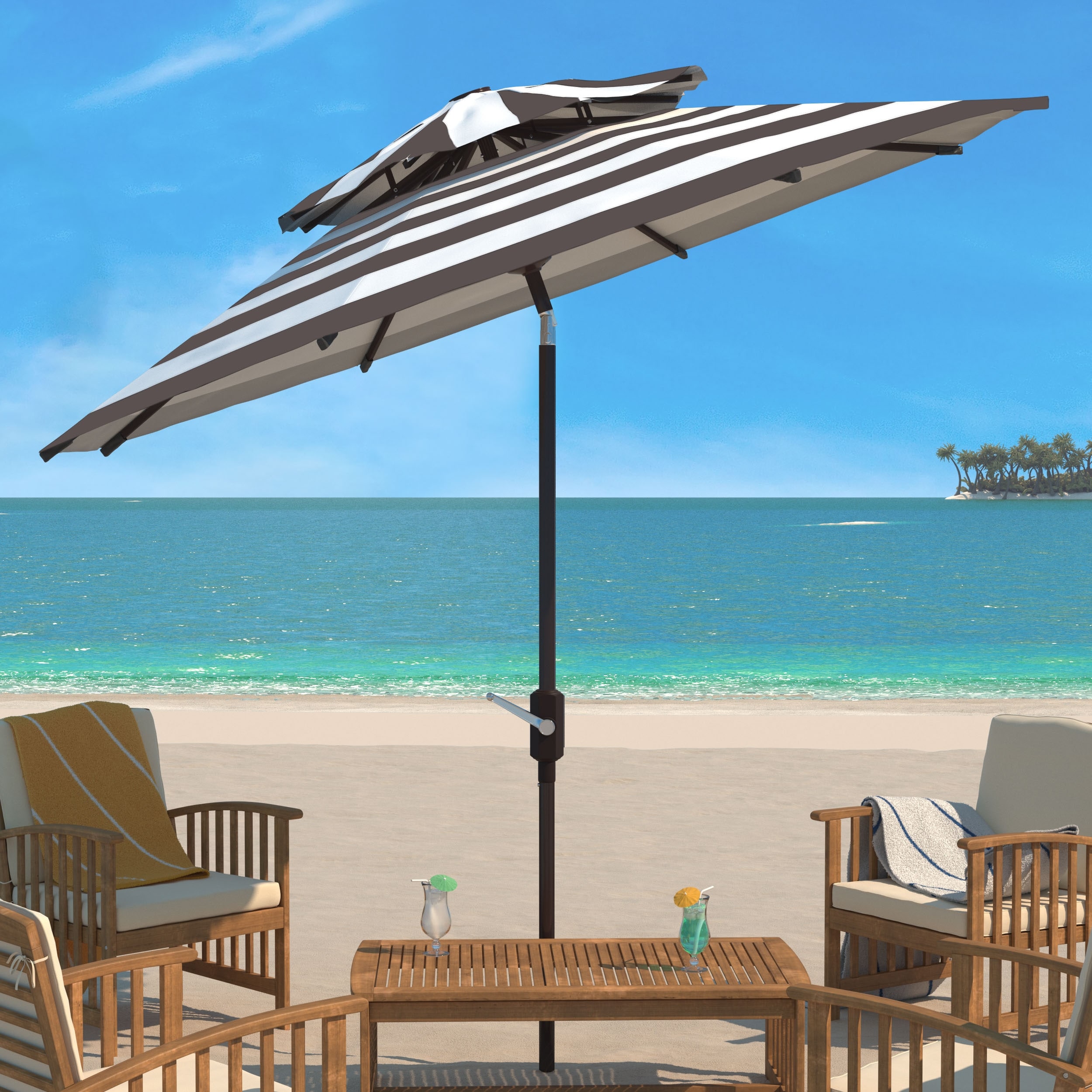 SAFAVIEH Iris 9ft Outdoor Patio Umbrella Double Top - UV Resistant, Auto Crank Tilt