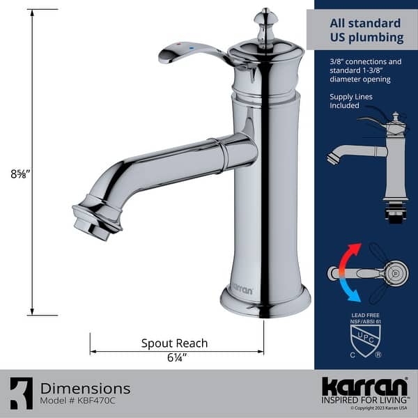 dimension image slide 6 of 7, Karran Vineyard KBF470 Single-Handle Single Hole Basin Bathroom Faucet with Matching Pop-up Drain
