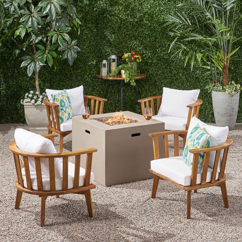 Ridgeview Outdoor 4 Seater Acacia Wood Club Chairs and Fire Pit Set by Christopher Knight Home
