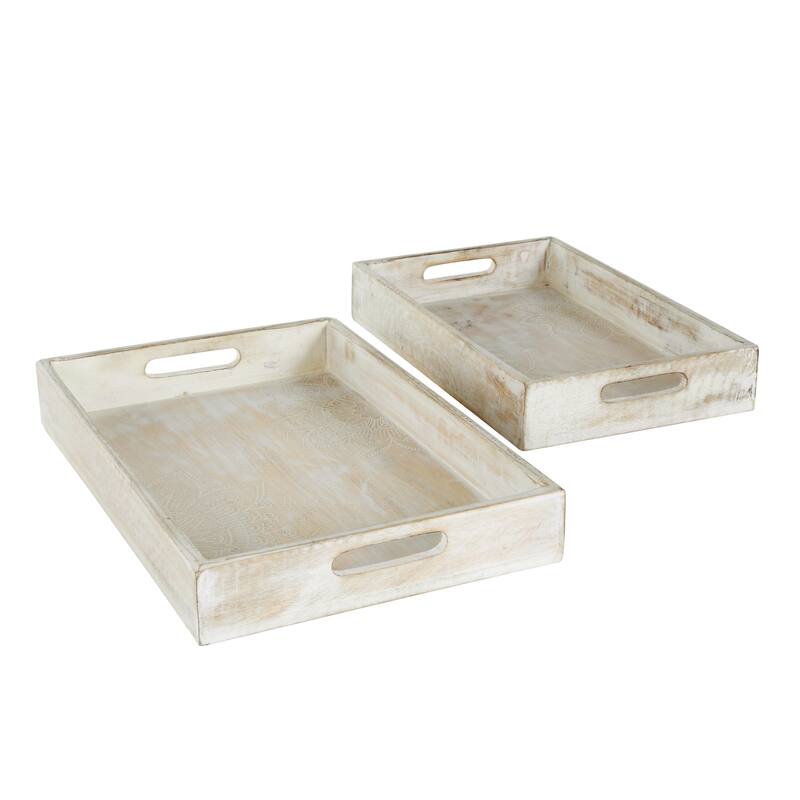 Mango Wood Handmade Whitewashed Living Room Decor Tray with Carved Mandala Interior - Set of 2 Cream - Roche River Decor