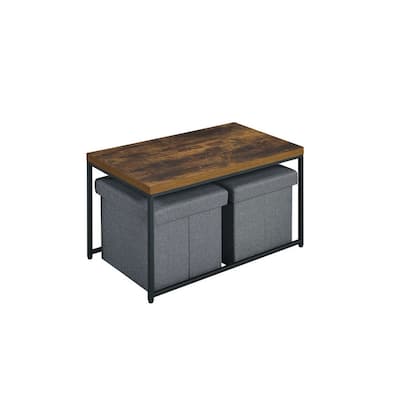 3pc Modern Coffee Table Set with 2 Hidden Storage Stools, Gray Upholstery
