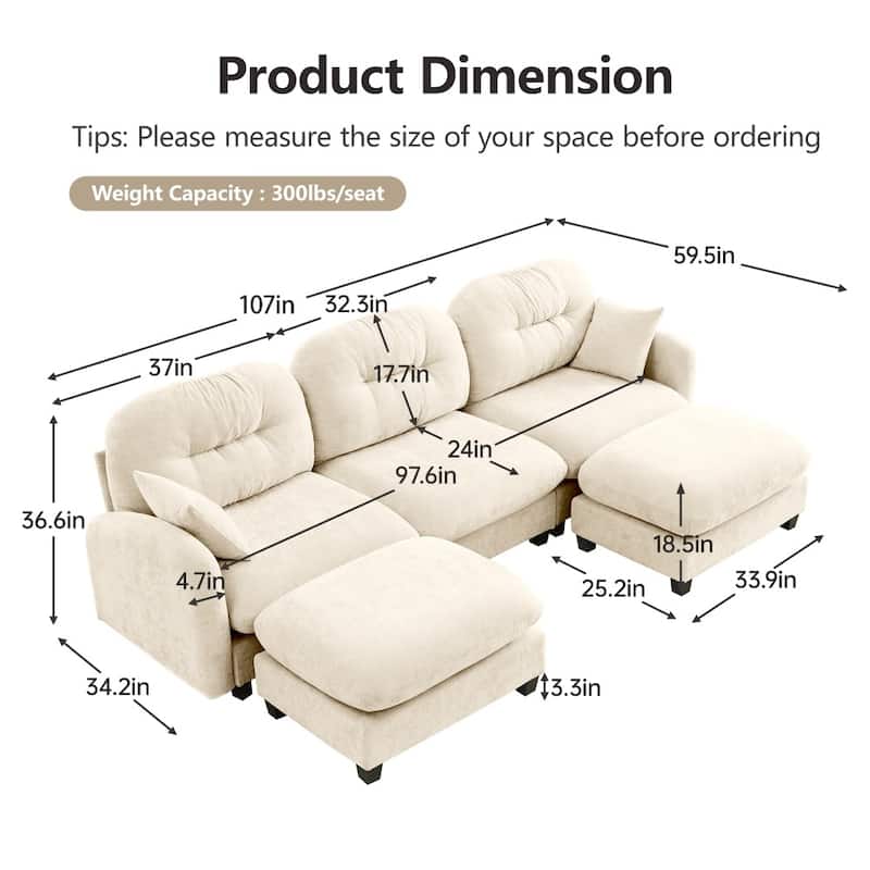 107" Modern Minimalist Modular Free Combination Sectional Sofa with 2 Throw Pillows