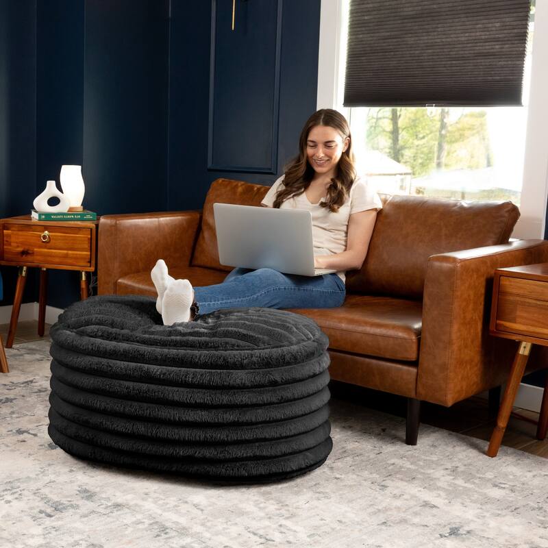 Large Ribbed Faux Fur Plush Pouf Ottoman - 35" - Black