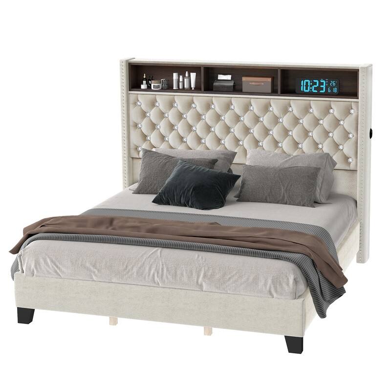 Moasis King Size Velvet Upholstered Bed Frame with Storage Headboard with USB Charging Stations