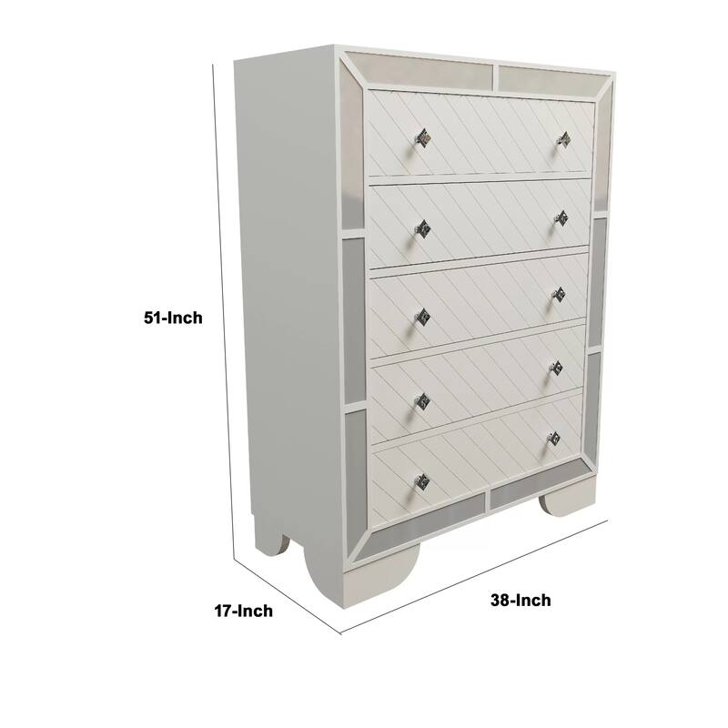 Athon Tall Dresser Chest with 5 Drawers, Diamond Patterns, Ivory Wood