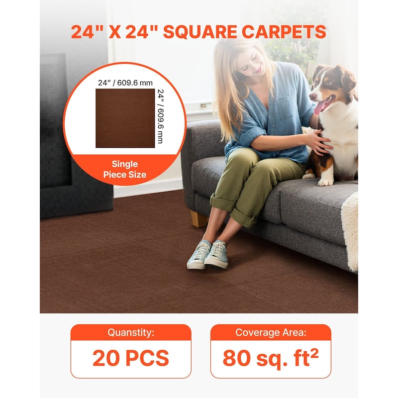 Dark Brown 24x24 Inch Peel and Stick Carpet Tiles Set 80 sq ft Coverage Soft Modular Floor Squares for Home Office