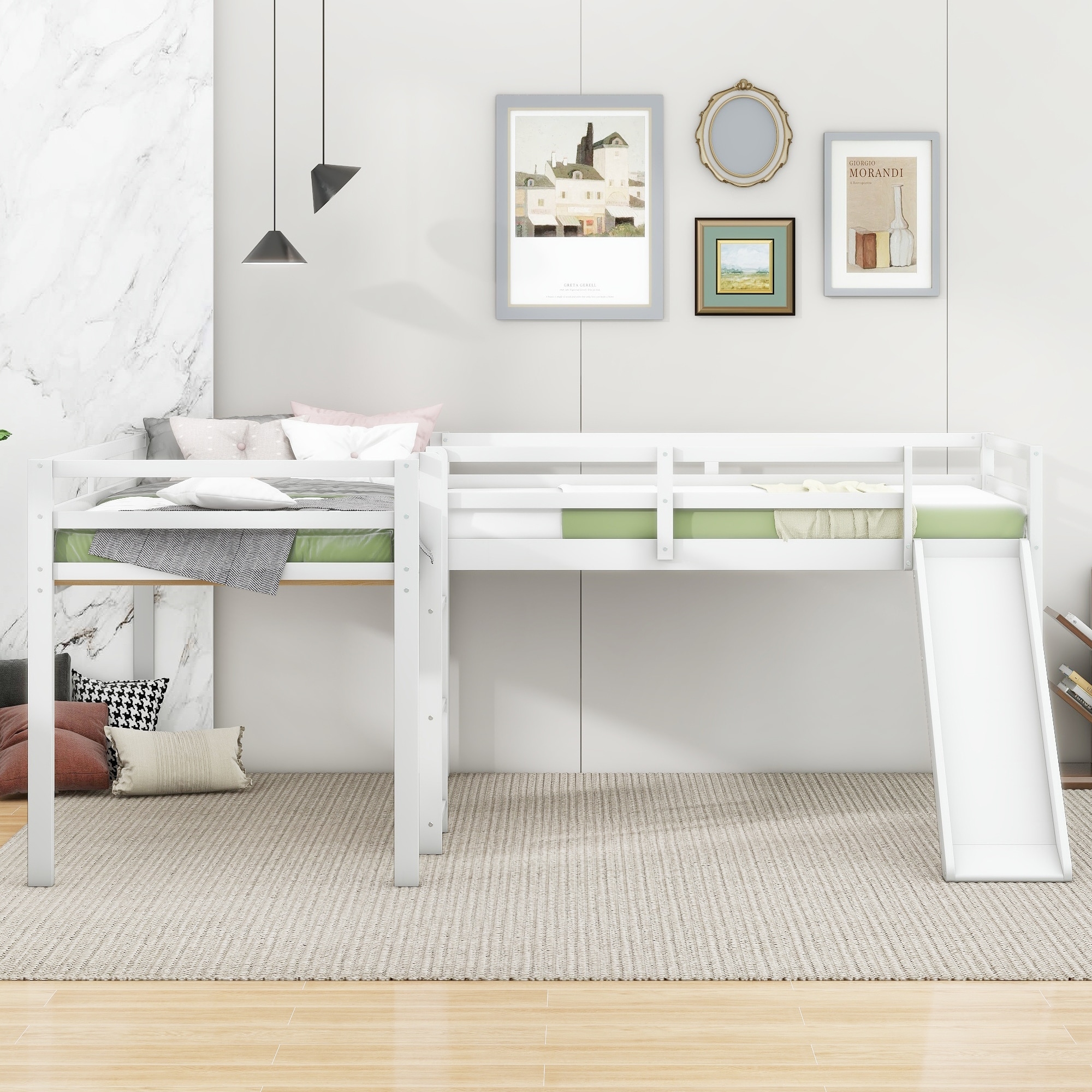 L-Shaped Twin Size Loft Bed with Ladder and Slide, Solid Wood Bed Frame w/Safety Guardrail & Slat Supports for Girls & Boys