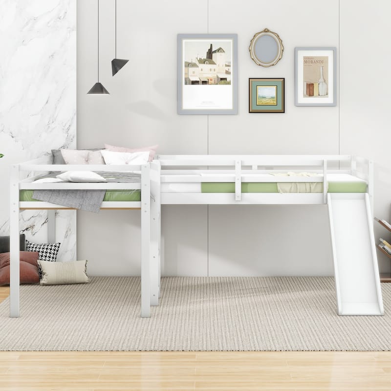 Roomfitters L-Shaped Twin Loft Bed Frame with Built-In Slide and Ladder, Elevated Platform Sleeping Solution