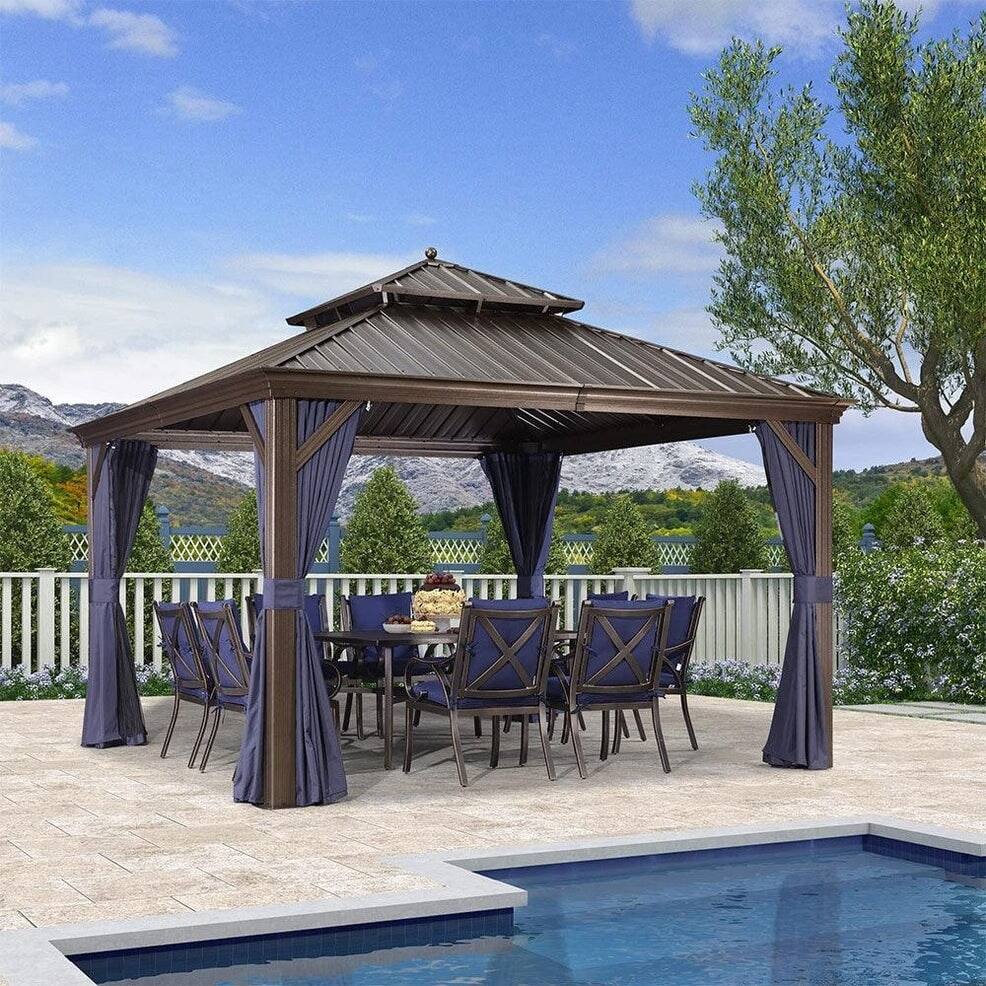 PURPLE LEAF Hardtop Aluminum Gazebo with Curtains and Netting, Double Roof Patio Gazebo