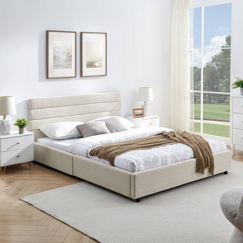 Queen Size Upholstered Platform Bed with Soft Headboard, Storage Drawers, Velvet Fabric, Modern Design