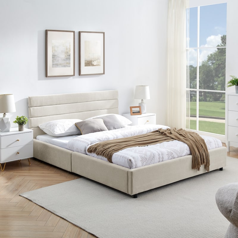 Queen Size Wood Storage Bed w/ Headboard and Solid Comfortable Cushioned Bed Frame - Black