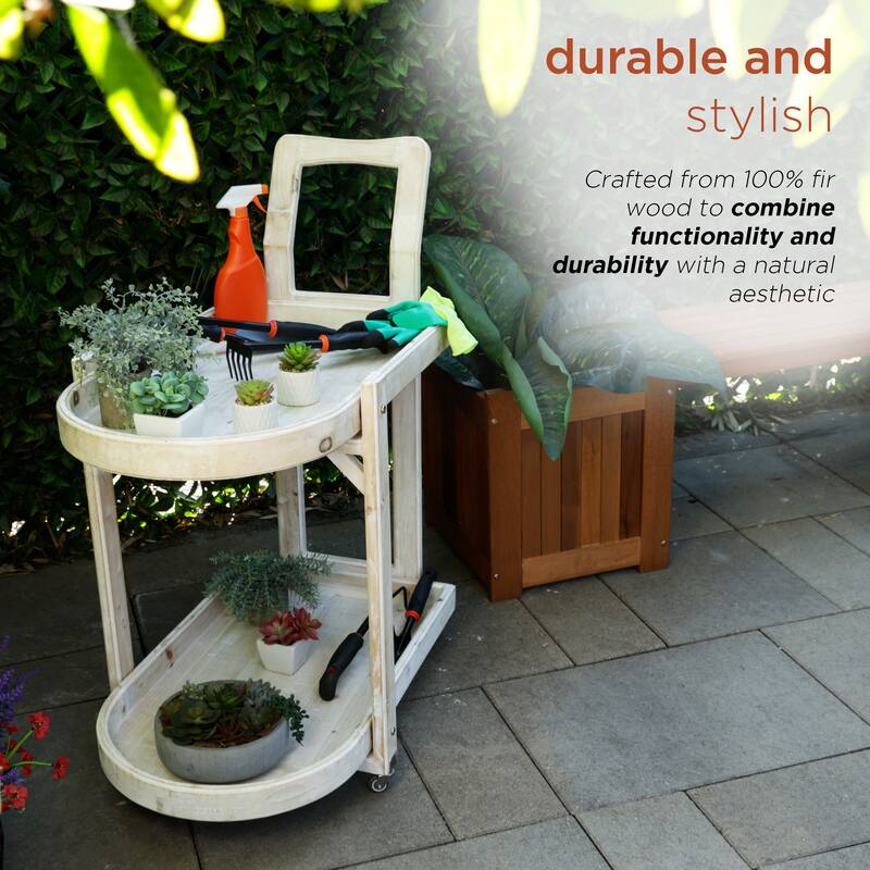 Wooden 2-Tier Push Cart Storage with Wheels