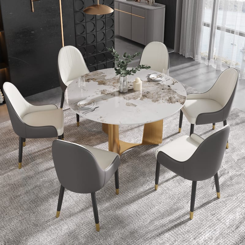 53" Modern Round Dining Table with Marble Top for 4-6, Sintered Stone Kitchen Table with Dining Table with Metal Legs - 1.35P+Gold