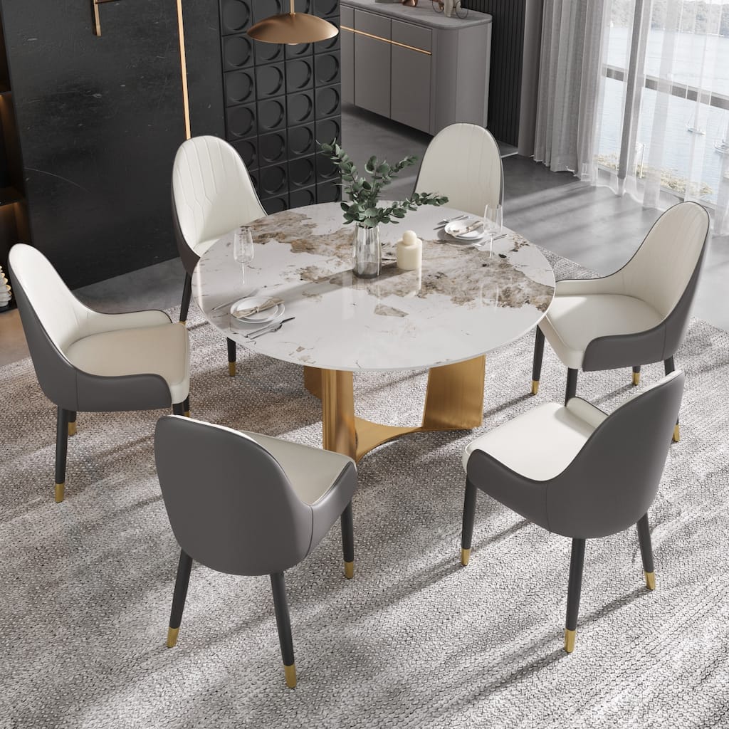 53" Modern Round Dining Table with Marble Top for 4-6, Sintered Stone Kitchen Table with Dining Table with Metal Legs