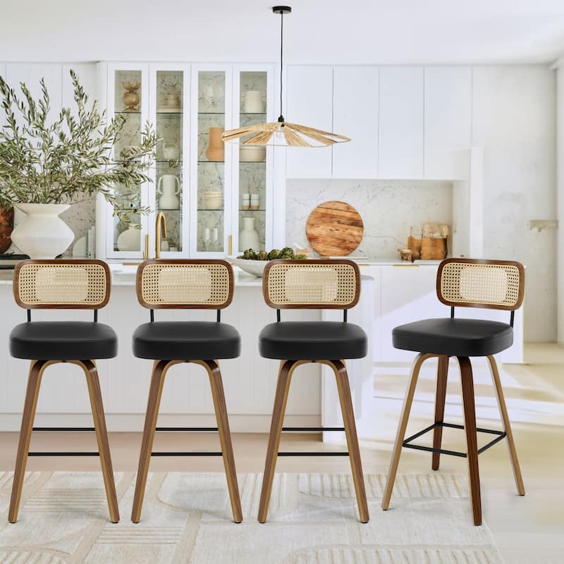 26"/29" Swivel Bar Stools/ Counter Stools with Bentwood Legs - Set of 4 - Black-Rattan Back - Bar Height