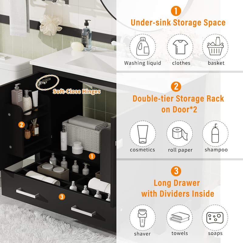 Bathroom Vanity with Ceramic Sink, Storage Cabinet with Soft-Close Doors and Drawer, Bathroom Vanities with Storage Shelves