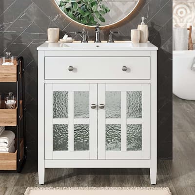 30-Inch Bathroom Vanity with Ceramic Sink,Adjustable Shelf,Tip-Out Tray,Wood Legs