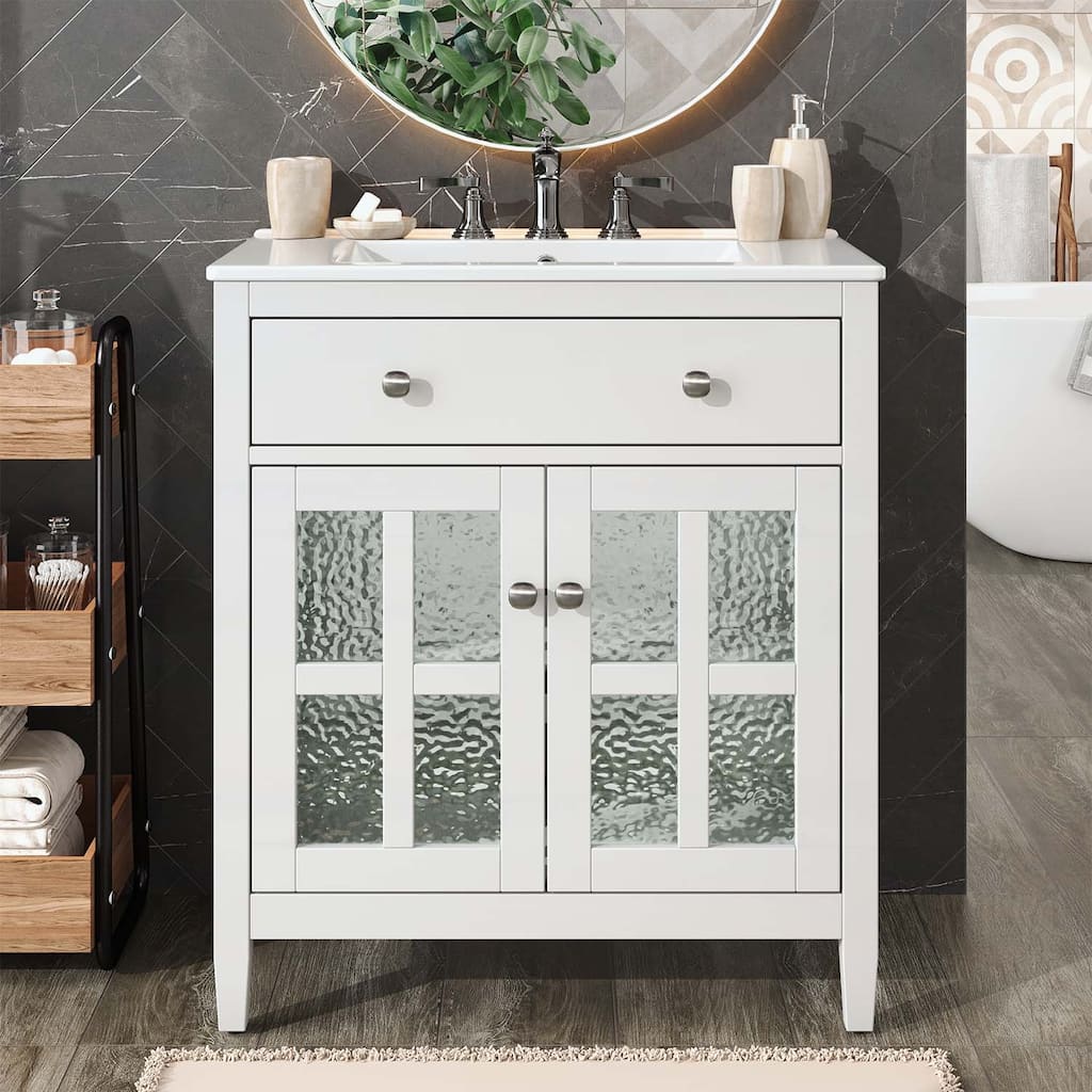 30-Inch Bathroom Vanity with Ceramic Sink,Adjustable Shelf,Tip-Out Tray,Wood Legs