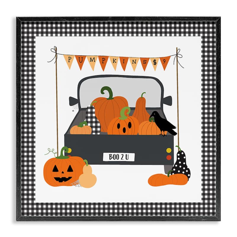Stupell Pumpkin Truck with Gingham Border Framed Giclee Art Design By Sazerelli Designs - 17 x 17 - Black
