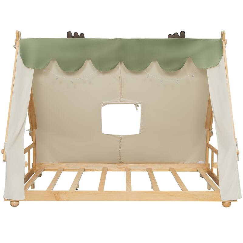 House Bed with Antler Accents Light Tent and Roof Wood Bed Frame
