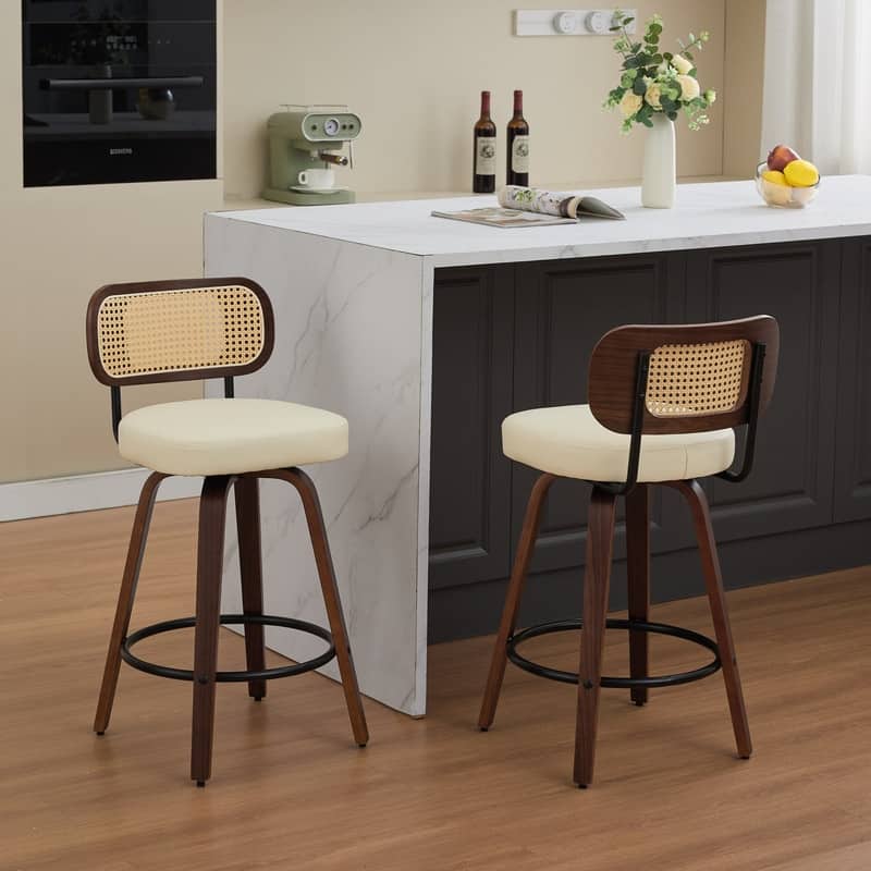 26" Swivel Rattan Bar Stools - Walnut Finish Counter Height Stools with Upholstered Seat - Set of 2 - Beige
