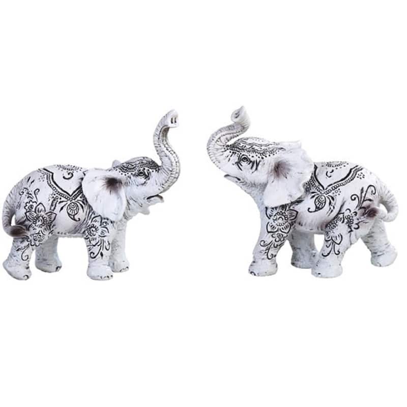 Q-Max 2-Piece Miniature White Elephant with Tattoo 3.5"H Statue Decoration Figurine Set